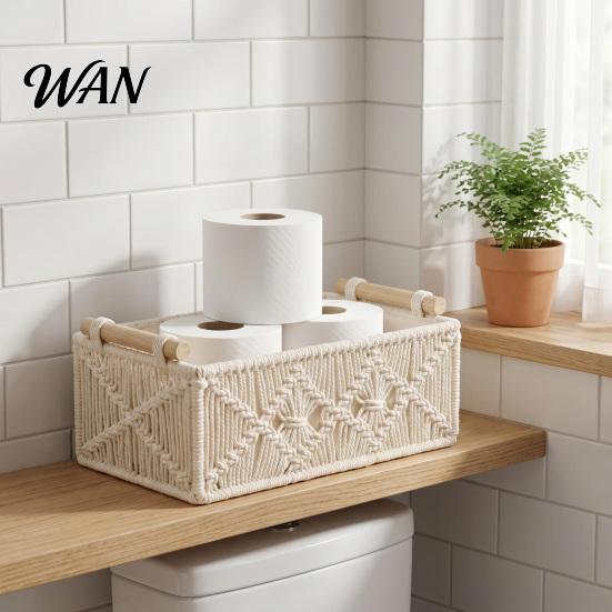 Cosmetic Storage Box with Wooden Handles Large Capacity Basket Woven Design Countertop Organizer for Cosmetics And Sundries