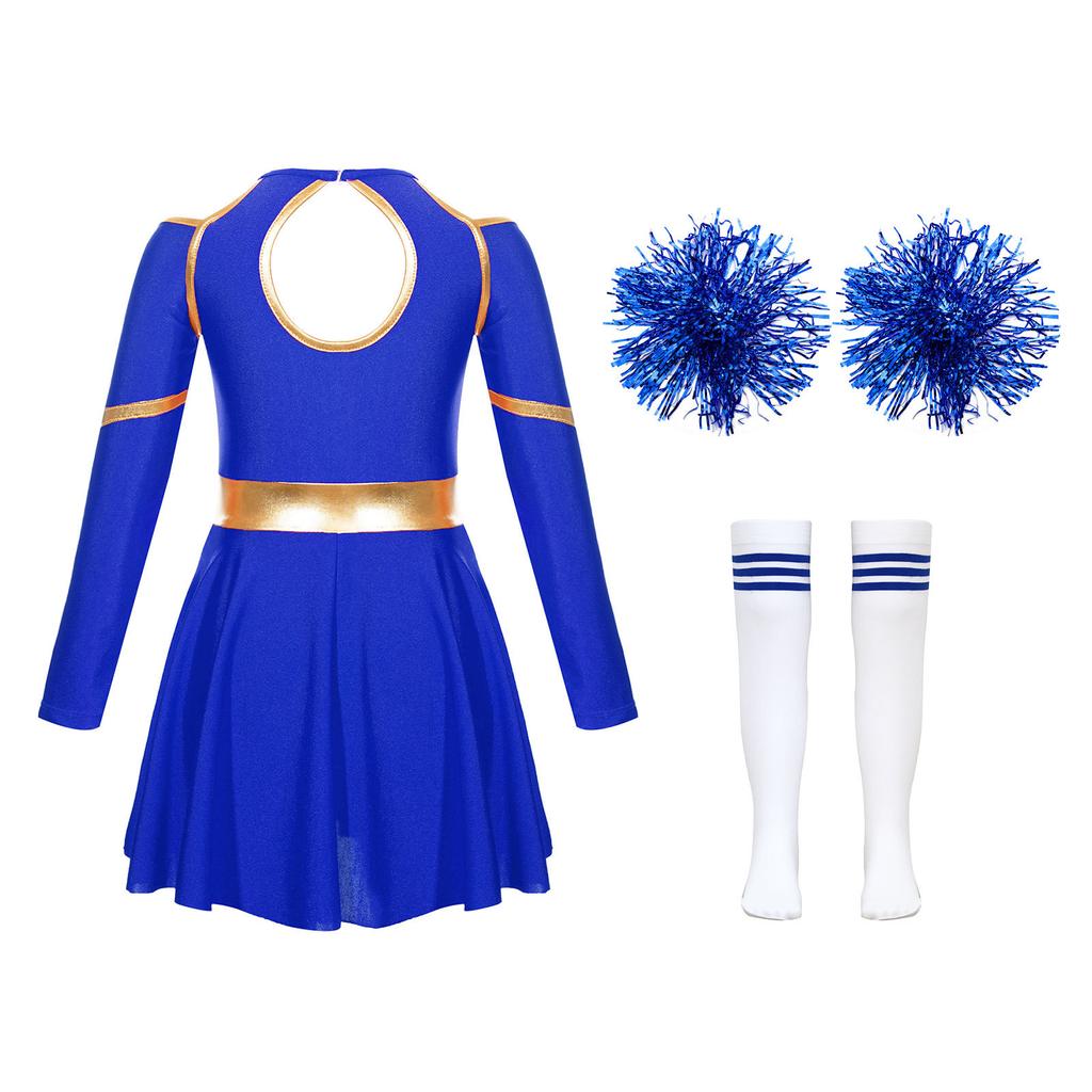 Girls Cheerleading Outfit Letter Print Off Shoulder Keyhole Back Long Sleeve Dress with Flower Balls Striped Socks