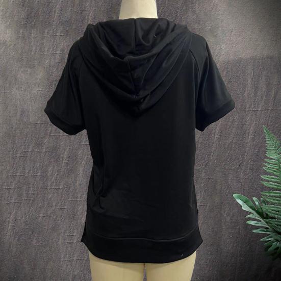 Summer Women Hoodie Half Zipper Short Sleeves Solid Color Pullover Loose with Pocket Casual