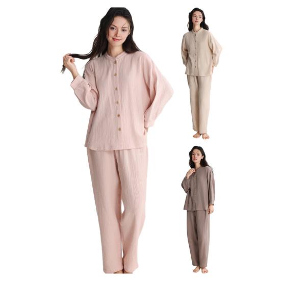 Женский хлопковый пижамный комплект, топ с длинным рукавом на пуговицах и длинные брюки, комплект для дома, повседневная двухпредметная одежда для сна