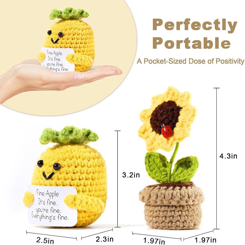 2PCS Positive Emotional Support Pineapple Sunflower Pot Home Room Decoration Crochet Pineapple Dolls With Card Christmas Gift