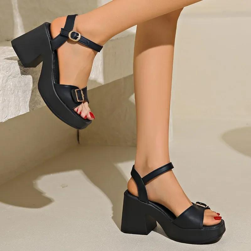 High-heeled Women Sandals 2024 Summer Square Toe Belt Buckle Sandalias Platform Women Shoes Peep Toe Casual Solid Sandales Femme