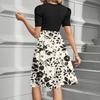 Women's Fashionable Casual Belt Short Sleeved Round Neck Printed Patchwork Dress