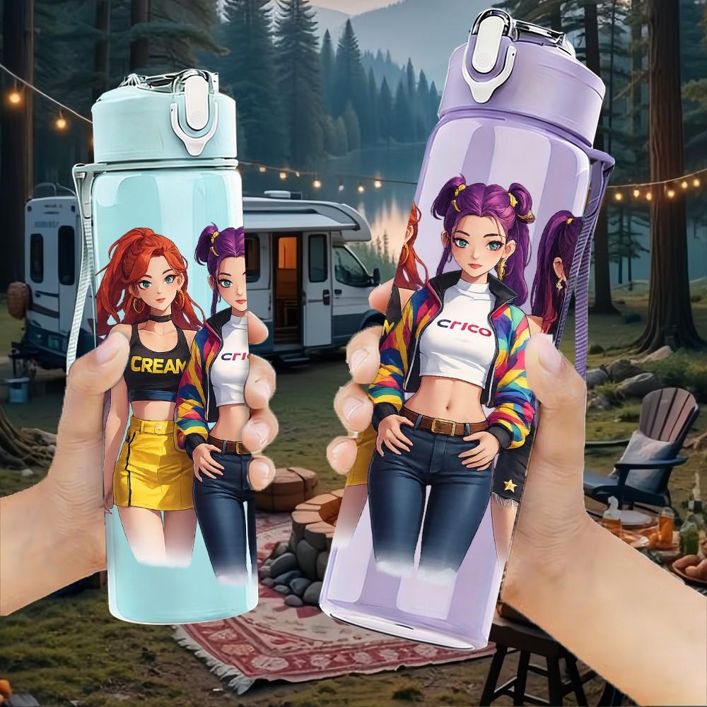 1PC Two Fashion Girl Character Art Print 750ml Color Plastic Sports Water Bottle Leakproof Flip Straw Lid Suitable for Sports Office Home Use
