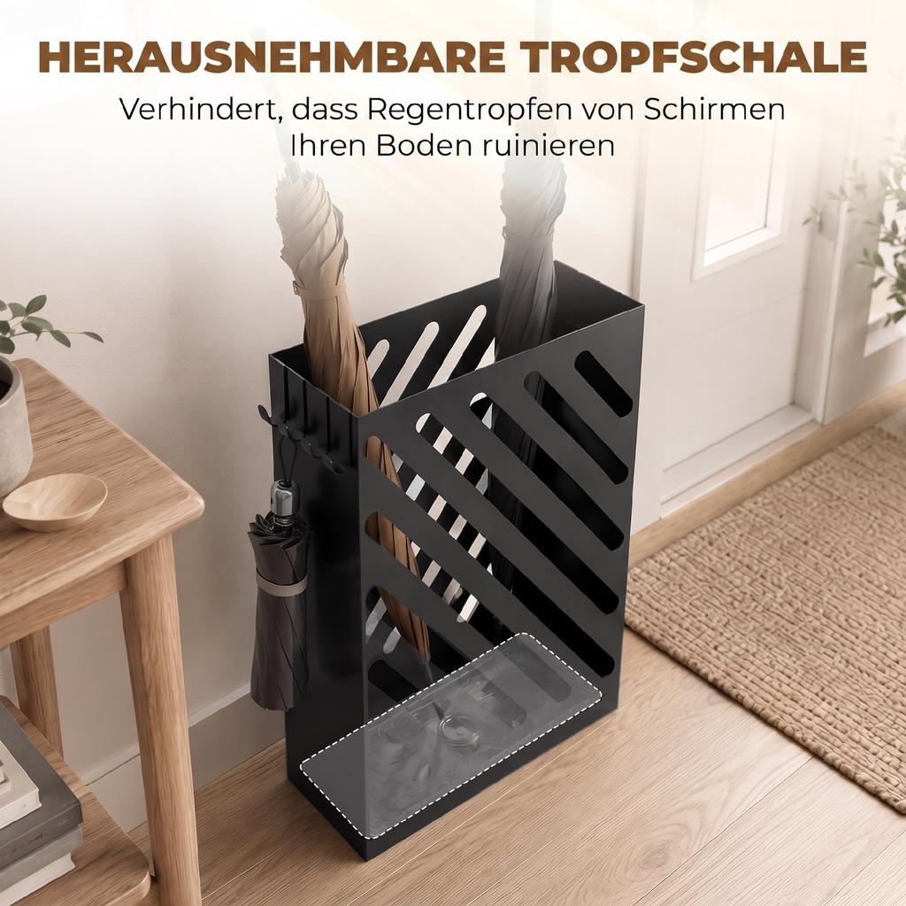 Umbrella Stand with Drip Tray, 4 Hooks, Steel, 28L x 14W x 41H cm, Black