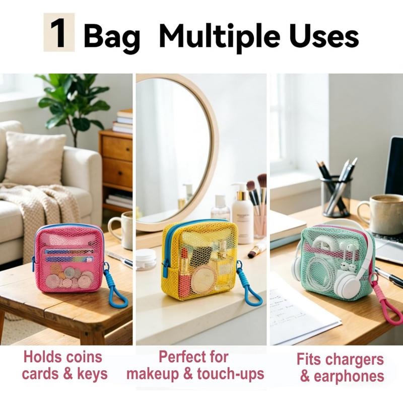 Small Mesh Beach Pouch Clear Cosmetic Bag with Detachable Wrist Strap Travel Organizer for Sunscreen Keys Cables