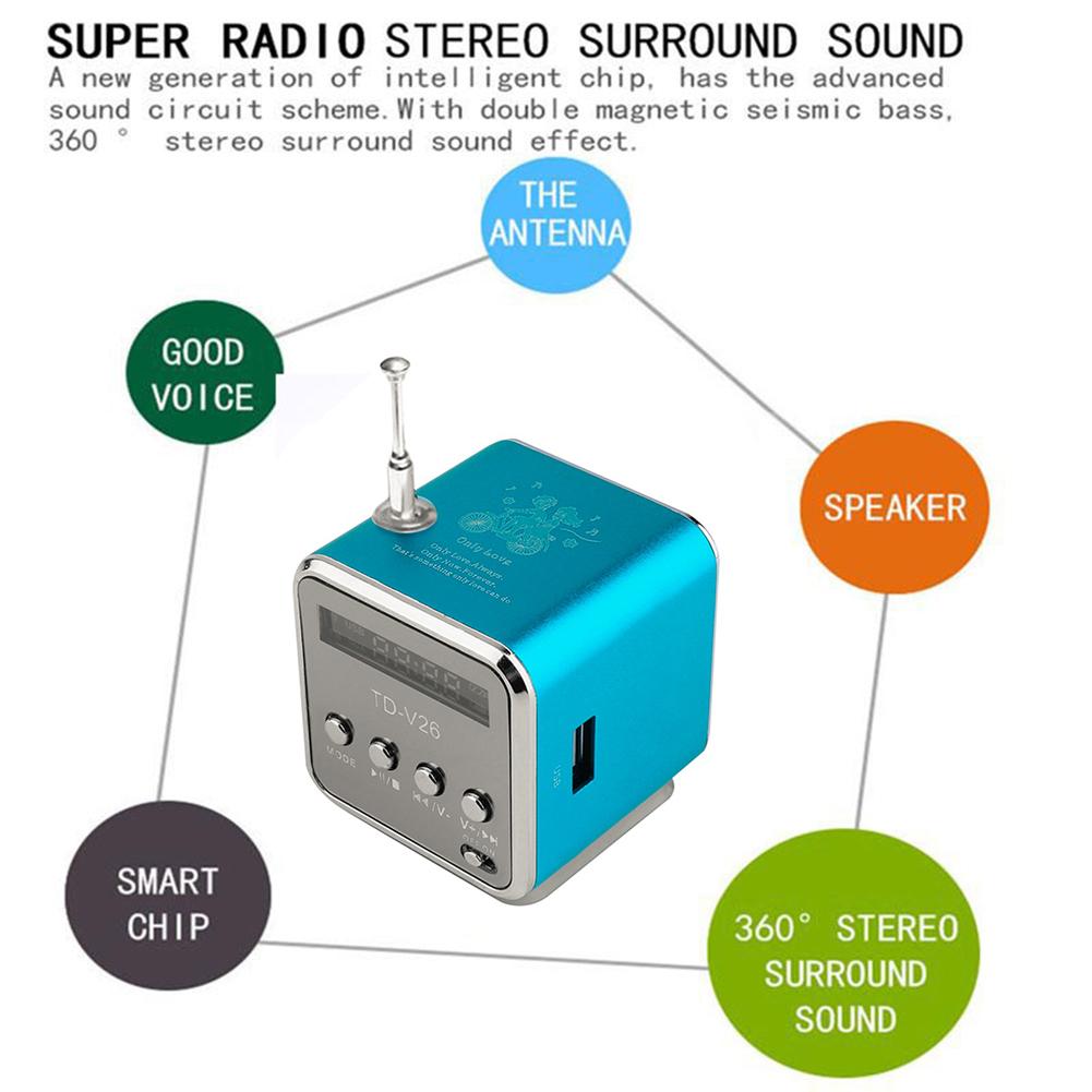 TD-V26 Цифровое радио FM Портативное мини-радиоприемник FM Перезаряжаемый Светодиодный Громкоговоритель Беспроводной Динамик Поддержка MP3 SD/TF Карты