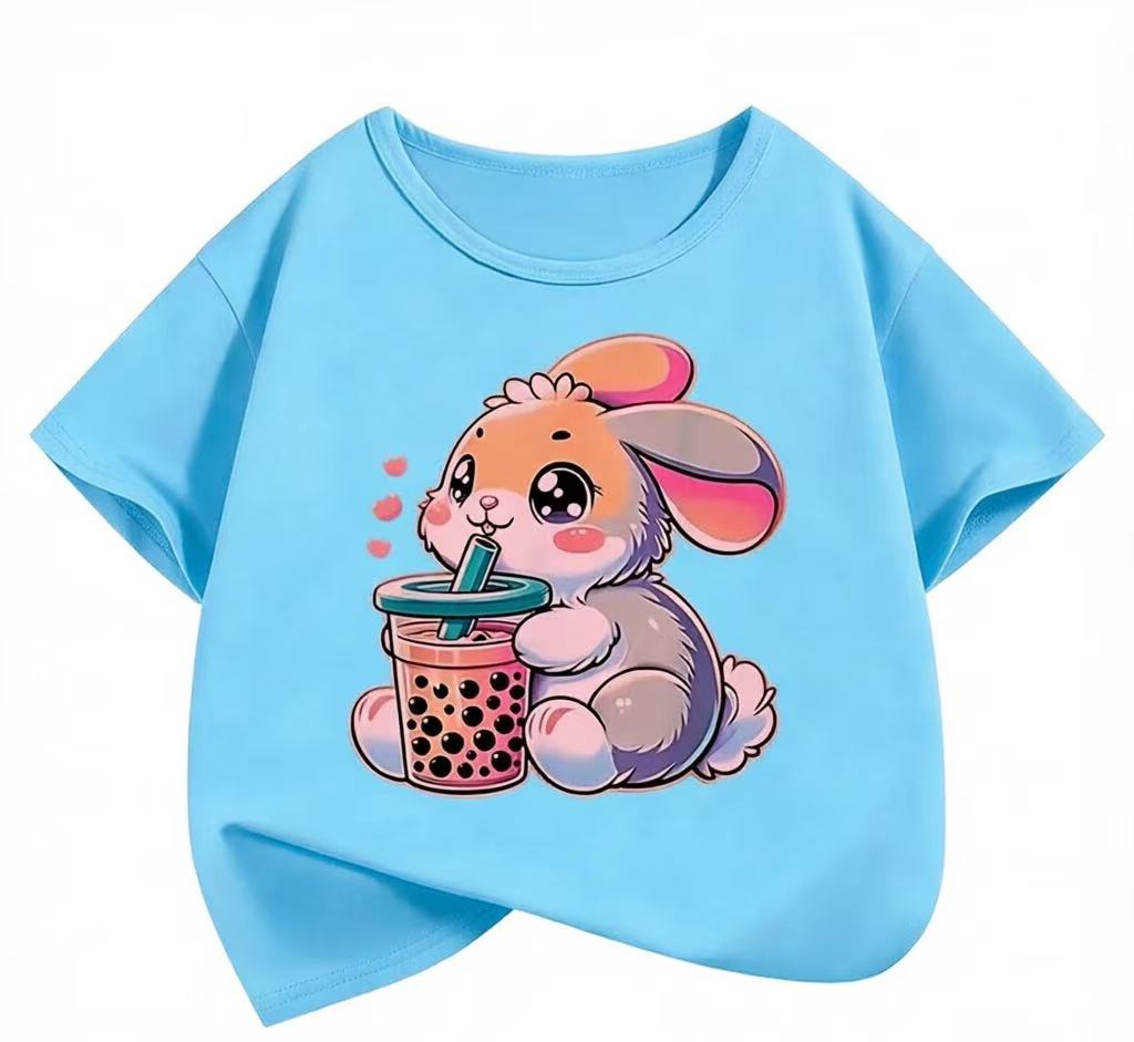 Cute Cartoon Rabbit Drinking Bubble Tea Kids T-Shirt Girls Summer Cotton Short Sleeve Top Toddler Baby Girl Clothes Pink Tee