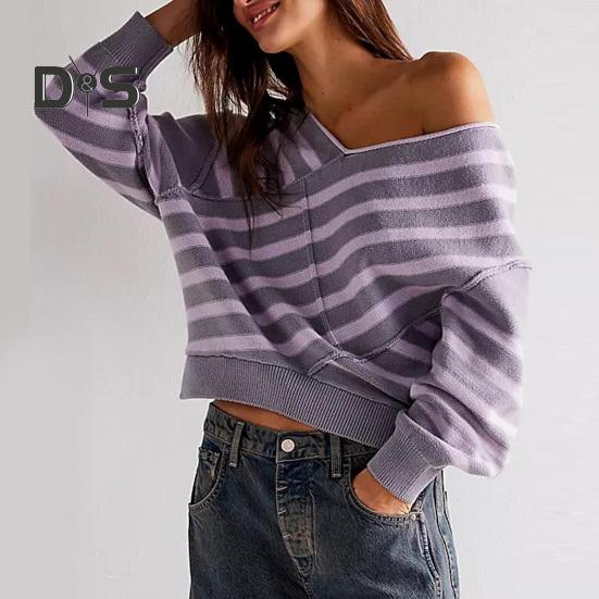 Женский свитер с длинным рукавом, полосатый, цветной, трикотажный свитер с V-образным вырезом, свободный пуловер, джемпер, топы, повседневная одежда