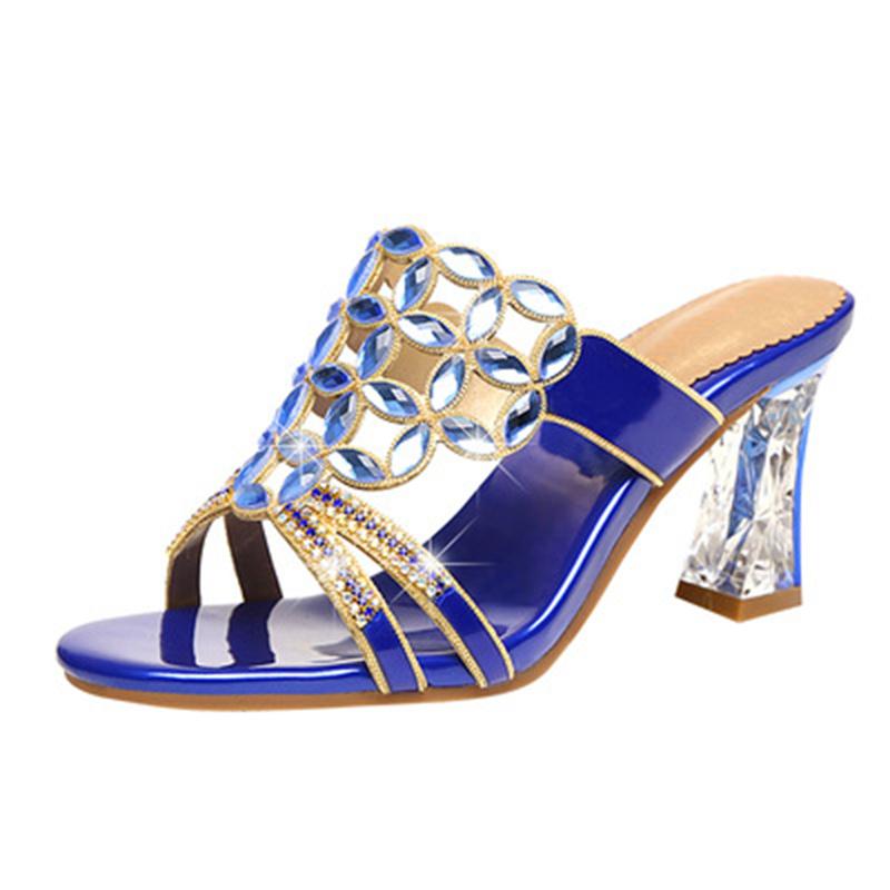 Модные женские дышащие босоножки со стразами и цветочным узором, летние модные новые кожаные тапочки, нескользящие босоножки с ромбами на толстом каблуке