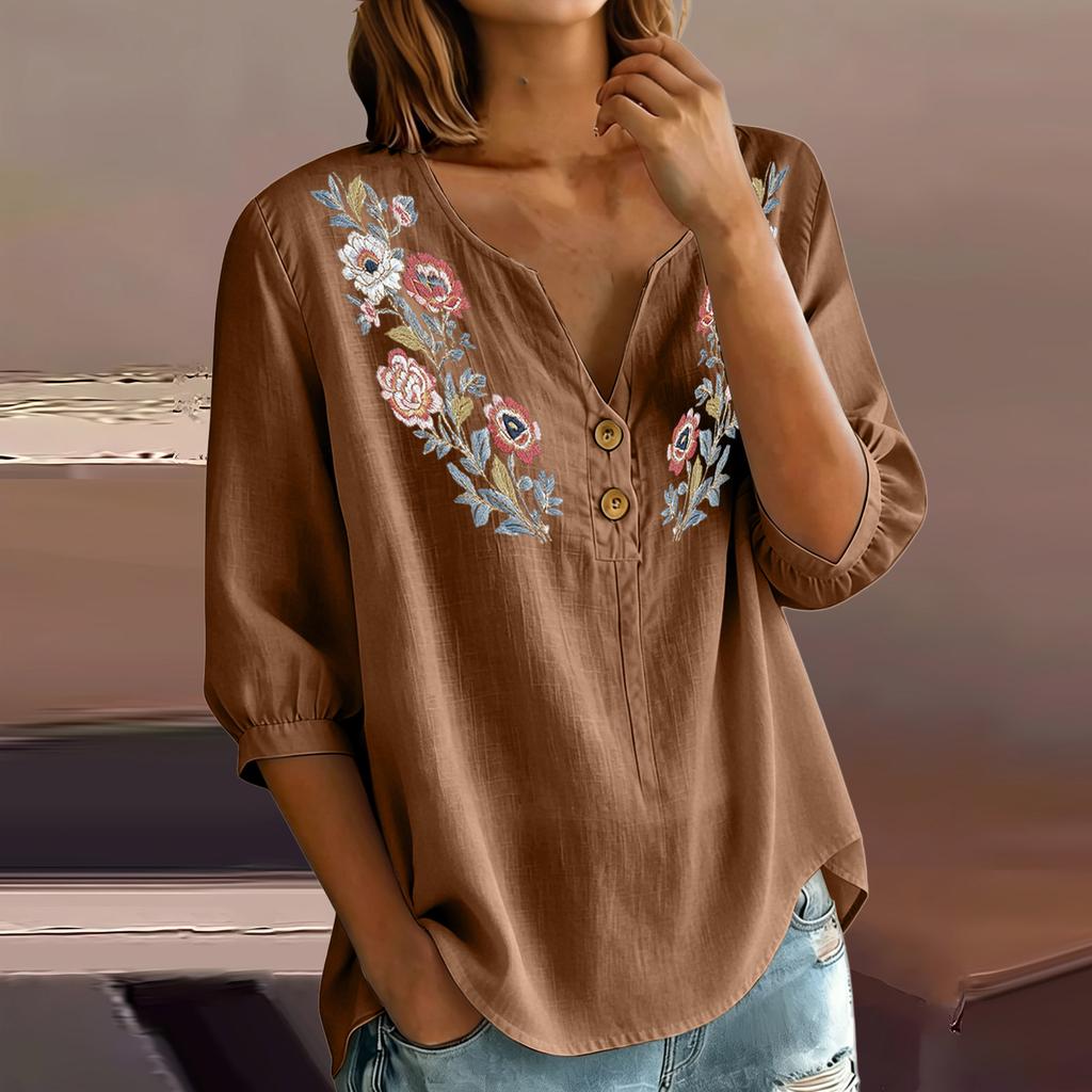 Женская льняно-хлопковая блузка-henley с цветочной вышивкой, пуговицами на воротнике, рукавами три четверти, повседневная, свободного кроя