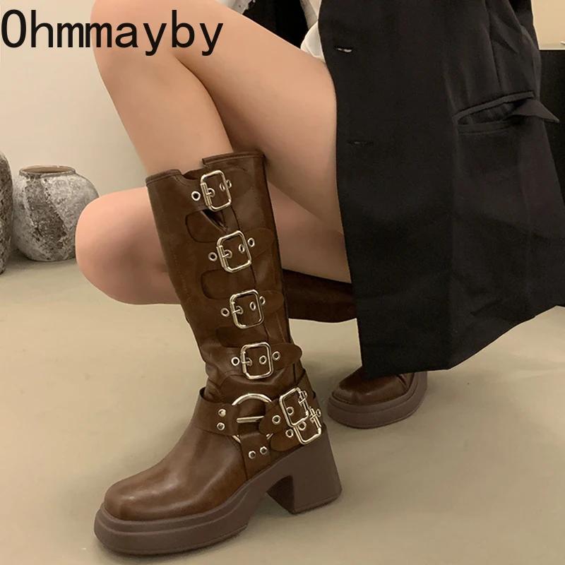 Мода Винтажные женские сапоги в стиле ковбойши Модные туфли с пряжкой на поясе Квадратный каблук Осень-зима Дамы Длинные сапоги в стиле рыцаря