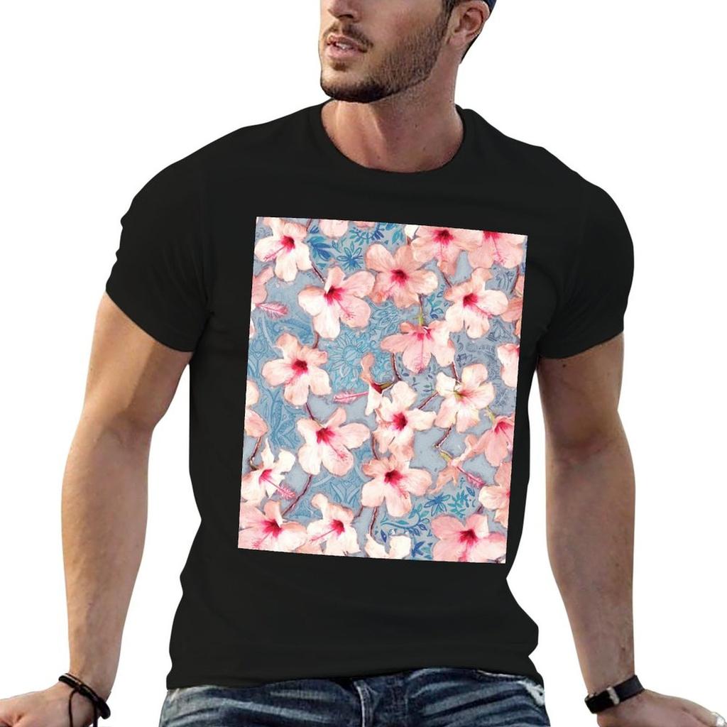 Shabby Chic Hibiscus Patchwork Pattern in Pink & Blue T-Shirt funny t shirts cotton essential t