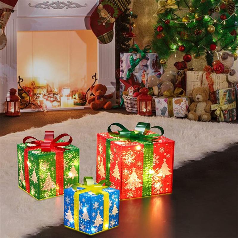 3PCS Lighted Gift Boxes Christmas Decorations Snowflake Present Boxes Christmas Home Gift Box for Indoor Home Yard Lawn Decor