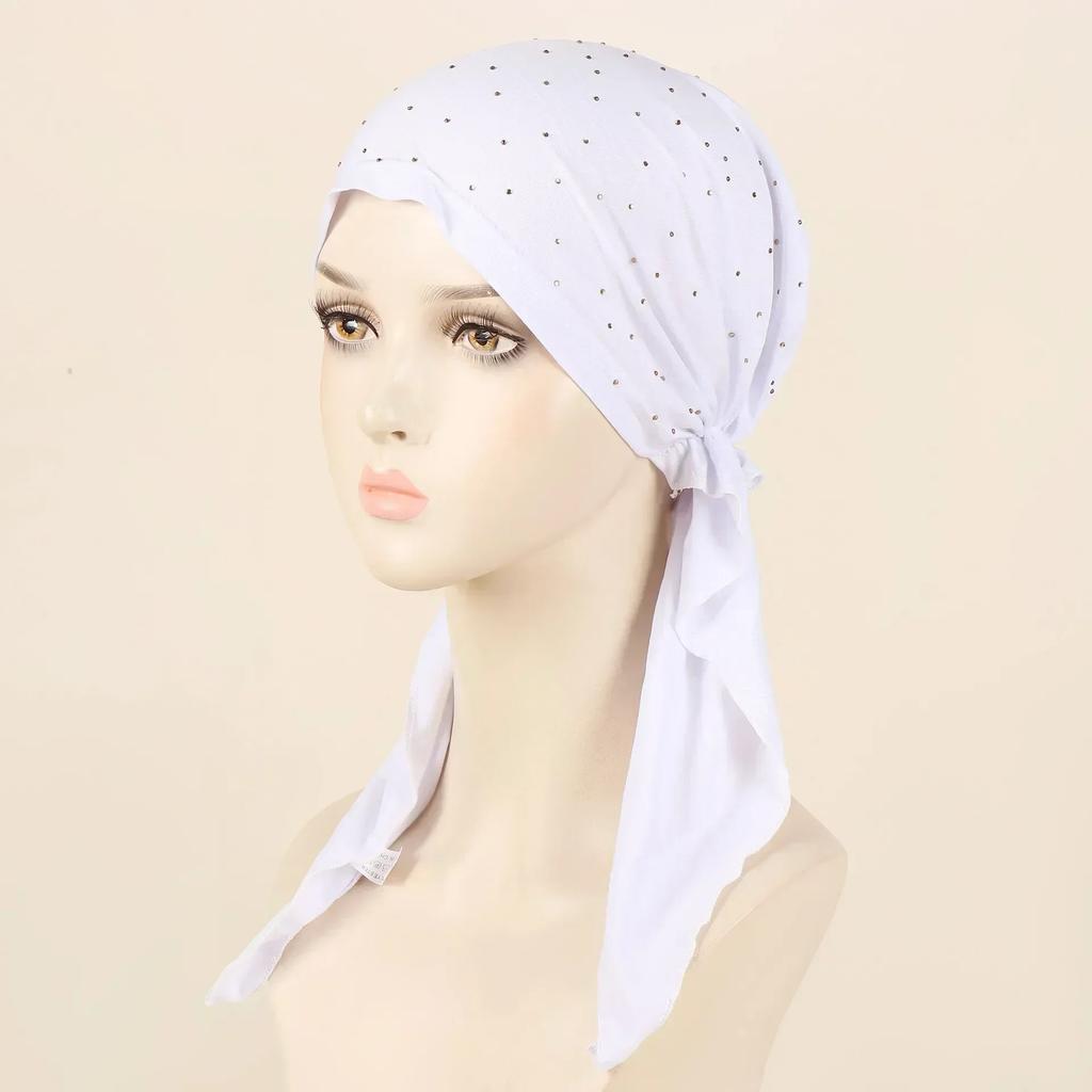 New Shimmer Pre-Tied Hat Women Muslim Hijab Turban Long Tail Headscarf Beanies Bonnet Hair Loss Chemo Cap Head Wrap Bandanas