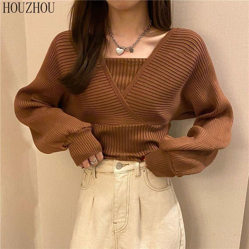 Дизайнерский вязаный свитер, весна-осень, рубашка с квадратным воротником, модный универсальный короткий свитер, топ с объемными рукавами