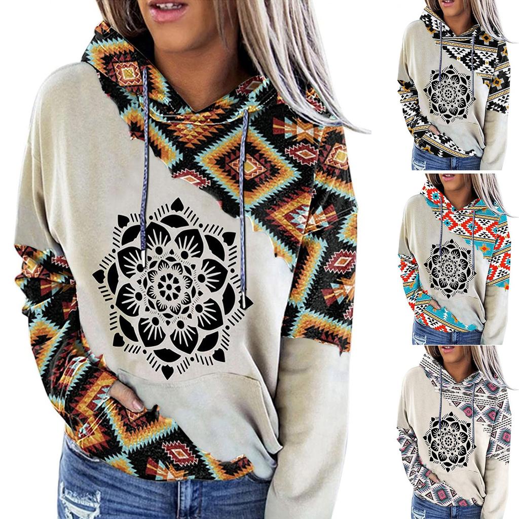 Women's Aztec Hoodie Geometric Pattern Long Sleeve Colour Block Pullover Drawstring Sweatshirt