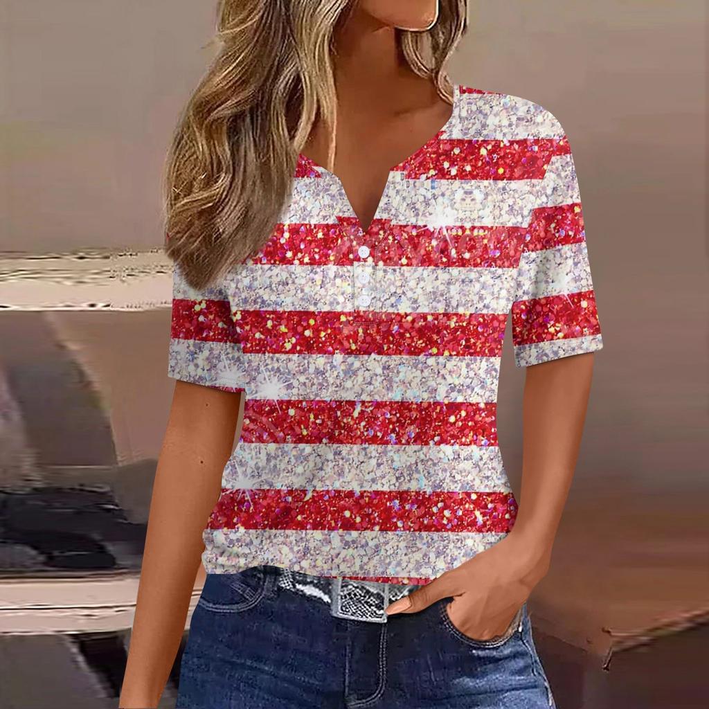 Жен. Футболка Футболка День независимости С принтом Пуговицы С короткими рукавами Повседневные Выходные Мода Классический Классический V-образный вырез Обычный Топ