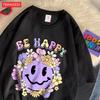 Street Cotton Womans T-Shirts Be Happy Face Cartoons Printing Short Sleeve O-Neck Breathable Loose Tops Trend Female Clothes