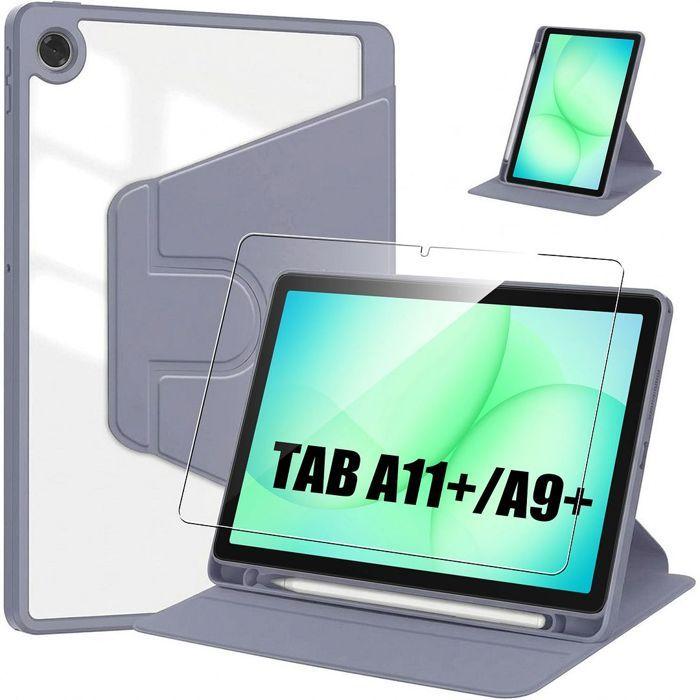 Coque + Verre Trempé pour Samsung Galaxy Tab A11 Plus / A9 Plus, Rotatif avec Porte-Stylet - Violet