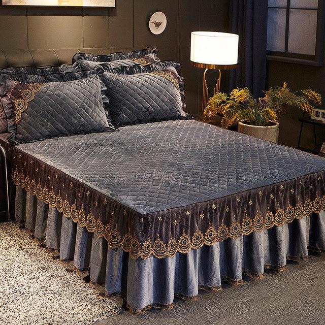 Европейский роскошный бархатный комплект покрывал, кружевная юбка с рюшами, покрывало для односпальной двуспальной кровати, стеганая толстая простыня King Queen, 3 шт.