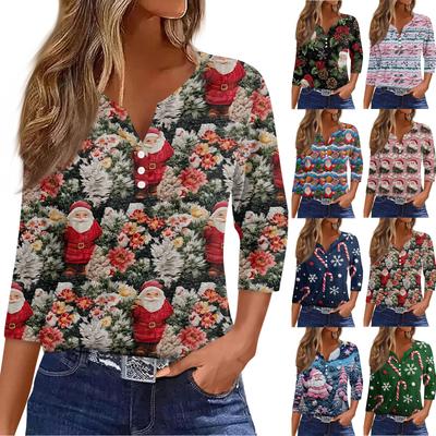 Жен. Футболка Футболка С принтом Пуговицы Рукав 3/4Ежедневно Выходные Мода Классический Топ с v-образным вырезом Обычный