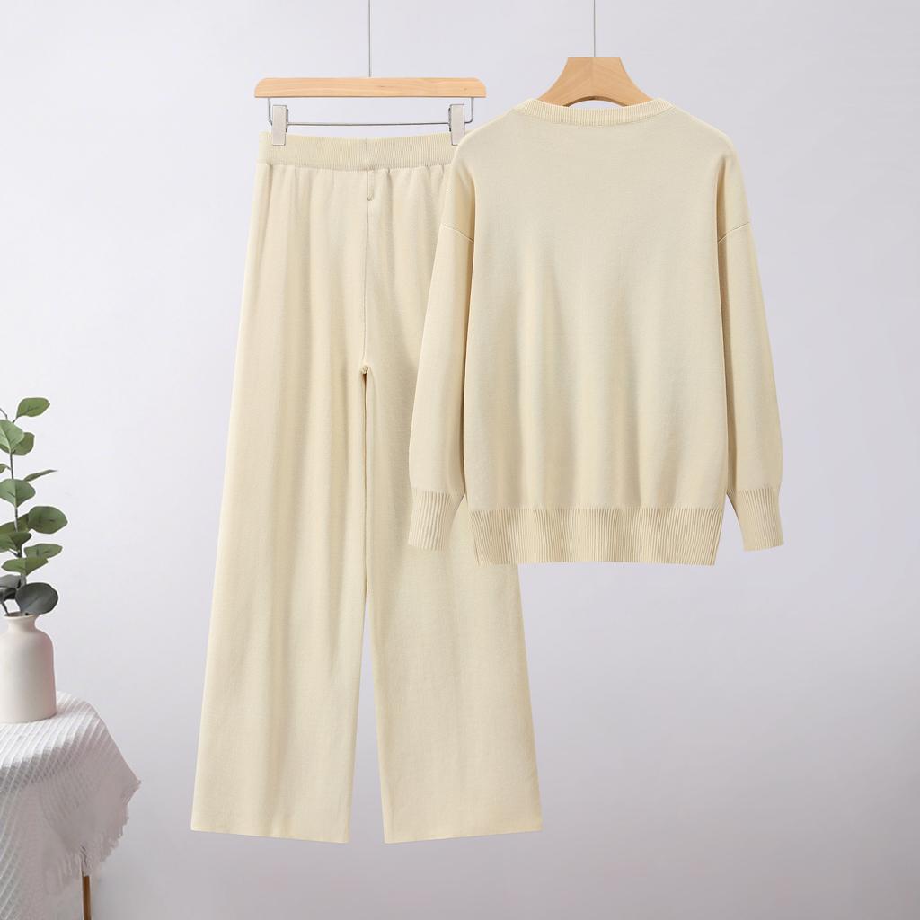 Fashion Casual Knitted Suit Pants Loose Sweater Wide Leg Pants Trousers Two-piece Daily Wear