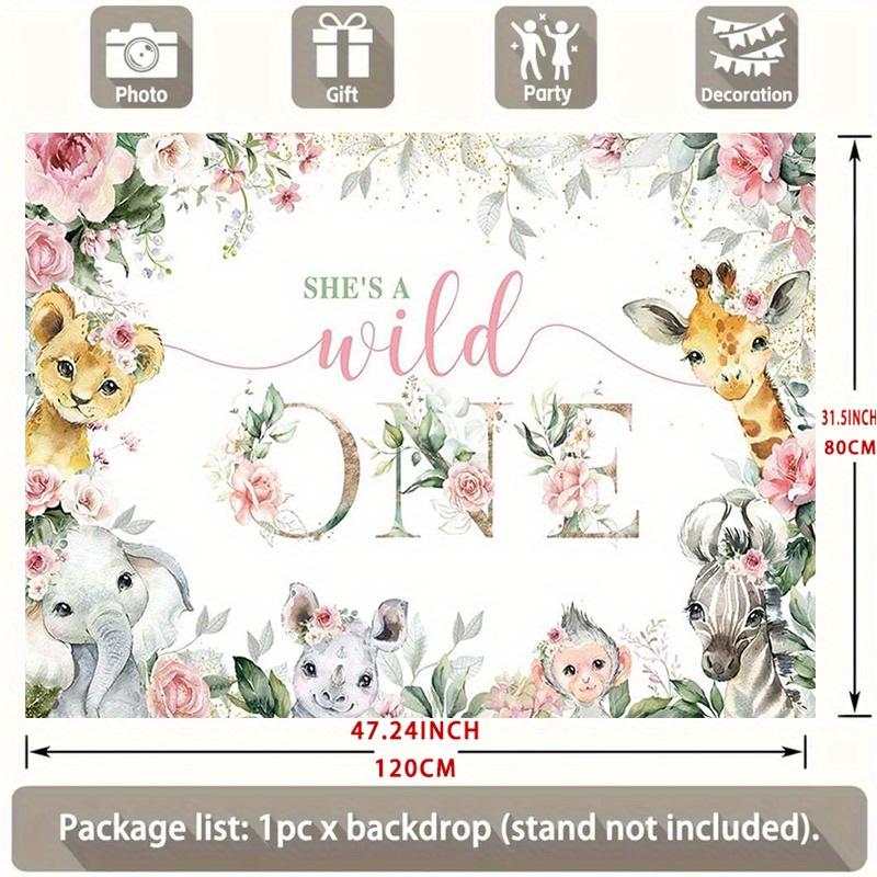 2D plane, 1 piece "1st Birthday Jungle Animals and Flowers Background Cloth, Party Banner"