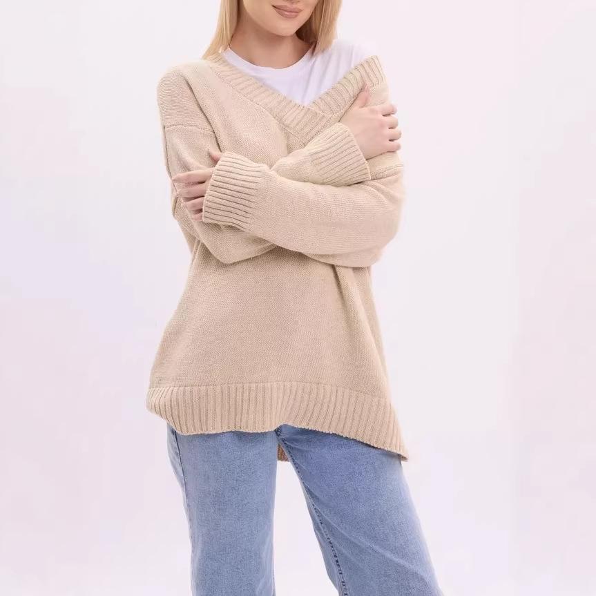 Casual v-neck knitted sweater top retro loose pullover sweater lazy wind outside women's clothing
