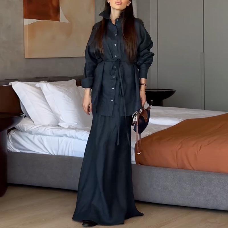 Мода Весна/Лето 2025 для Женщин Европы и Америки: Комплект: свободная рубашка с отложным воротником и длинным рукавом и юбка-миди с высокой талией