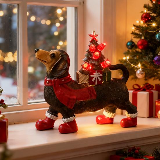 Dachshund Christmas Decor Resin Dog Figurine with Scarf Boots Lighted Blow Mold Xmas Tree Holiday Ornament