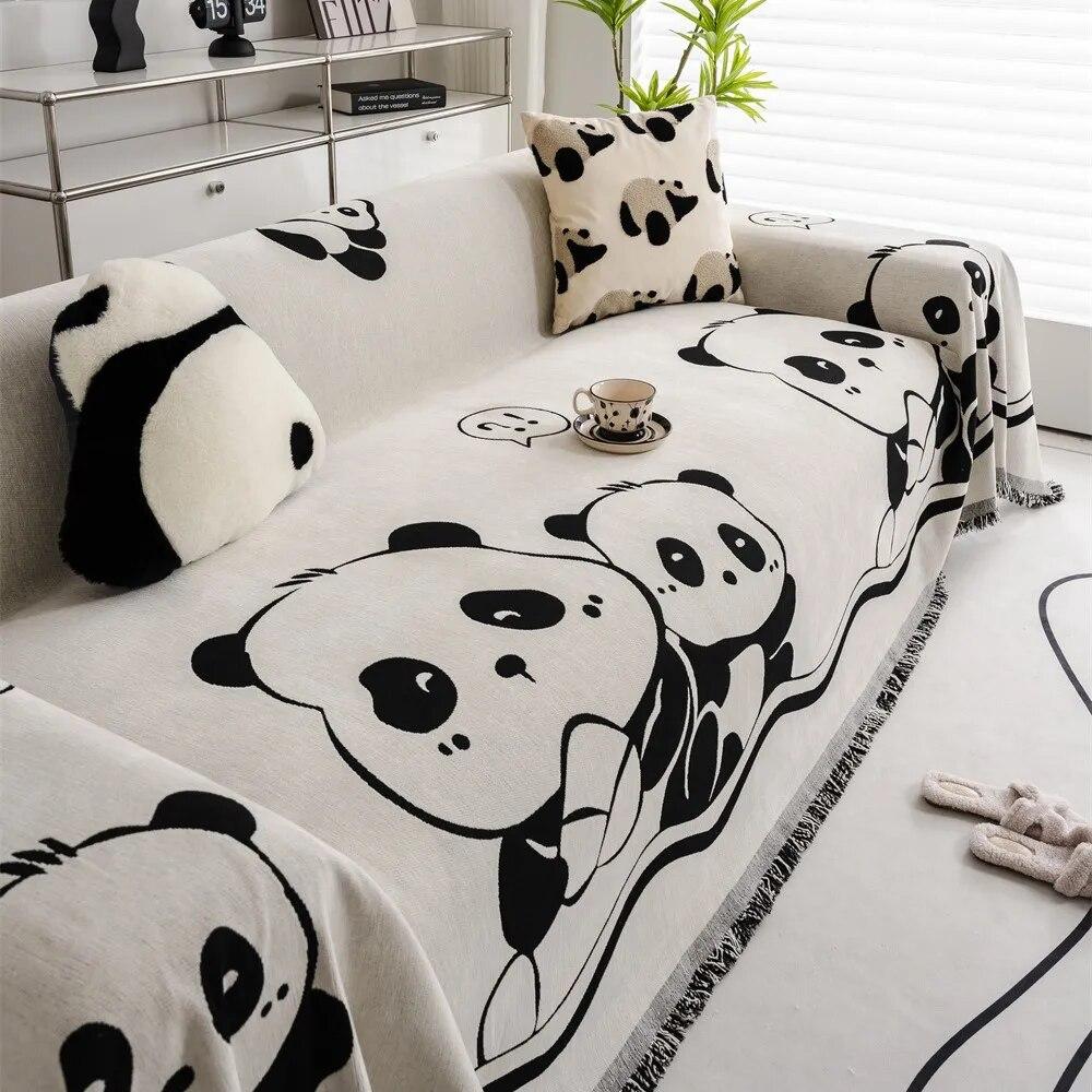 Panda Dog Nature Flowers Print Soft Sofa Towel Blankets Camping Picnic Anti-Cat Towel White Cotton Scratch Protection Sofa Mat