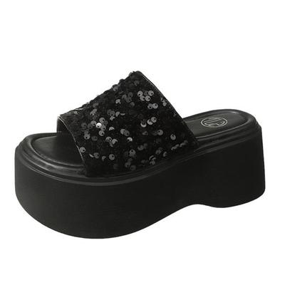 Модные летние блестящие кожаные тапочки на толстой подошве 8 см, женские сандалии 2024 года, женские туфли на танкетке и высокой платформе, женские пляжные шлепанцы