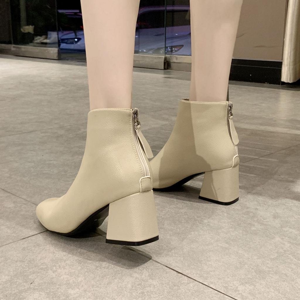 New Fashion Leather Ankle Boots Women Thick High Heels Zipper Pointed Toe Autumn Winter Woman Shoes Square Heel 2024