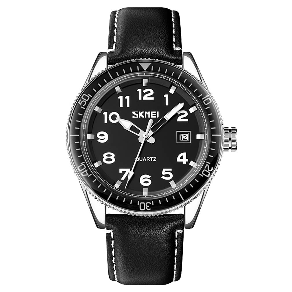 Skmei Watch Black Leather Strap Big Face Simple Hand Watch Waterproof Brand Analog Business Stylish Casual Luminous Arabic Numerals Date Watch Luxury