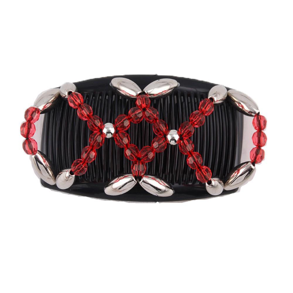 Большой ручной эластичный гребень для волос с бусинами и цветочным украшением - Универсальный двухрядный вкладыш для укладки и создания пучков