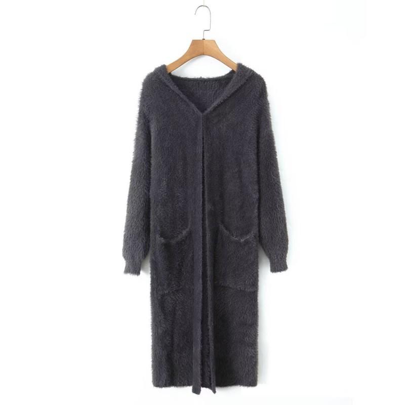 Womens Oversized Mohair Blend Hooded Cardigan With Pockets Mid-Length Open Front Sweater