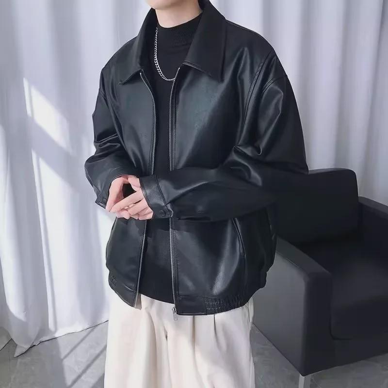 Мужская осенняя куртка из искусственной кожи с узкими лацканами для мотоцикла - модный красивый дизайн