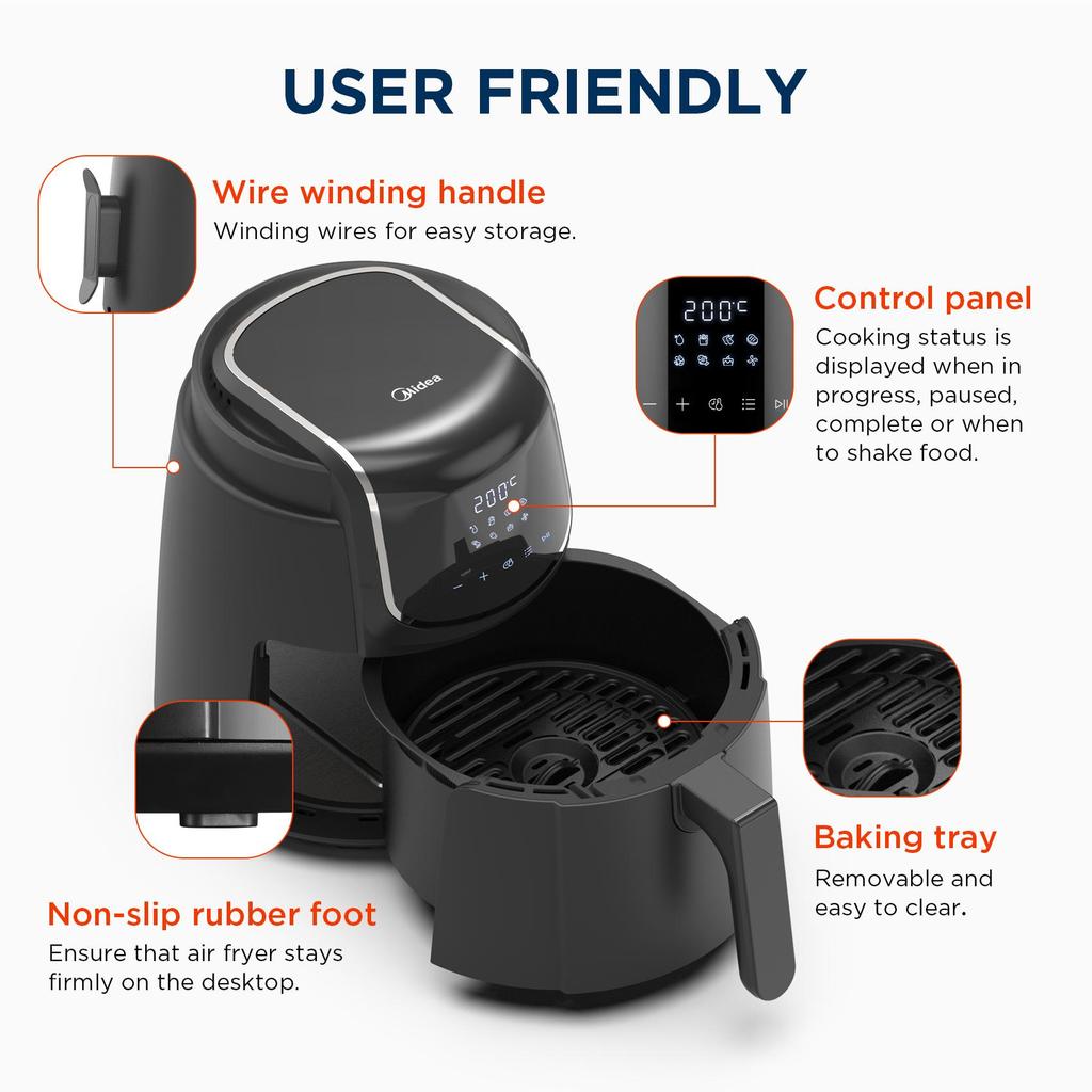 Midea Hot Air Fryer 4L, Oil-Free Airfryer 1500W, 8 Cooking Modes, 35-200°C