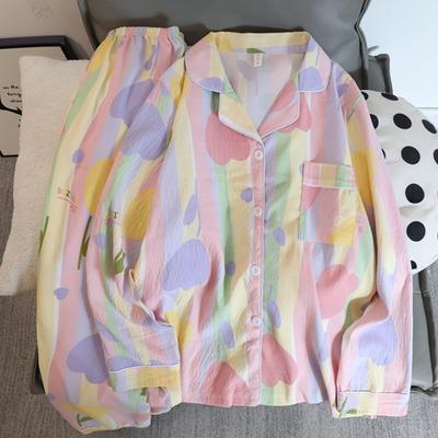 Осенний хлопковый женский пижамный комплект из 2 предметов: топ на пуговицах и штаны, одежда для сна с длинным рукавом, милая ночная рубашка, домашняя одежда для женщин