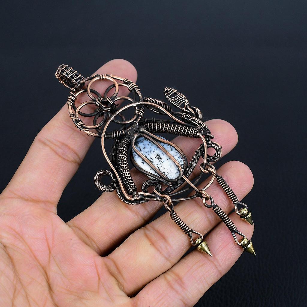 Dendrite Opal 999 Copper Wire Wrapped Pendant, Handmade Gemstone Jewelry Pendant Gift For Birthday