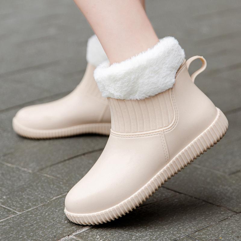 Fashion Rain Shoes Women's Non-slip Kitchen Rubber Shoes Fleece Warm Outside Rain Boots Versatile Waterproof Car Wash Shoes