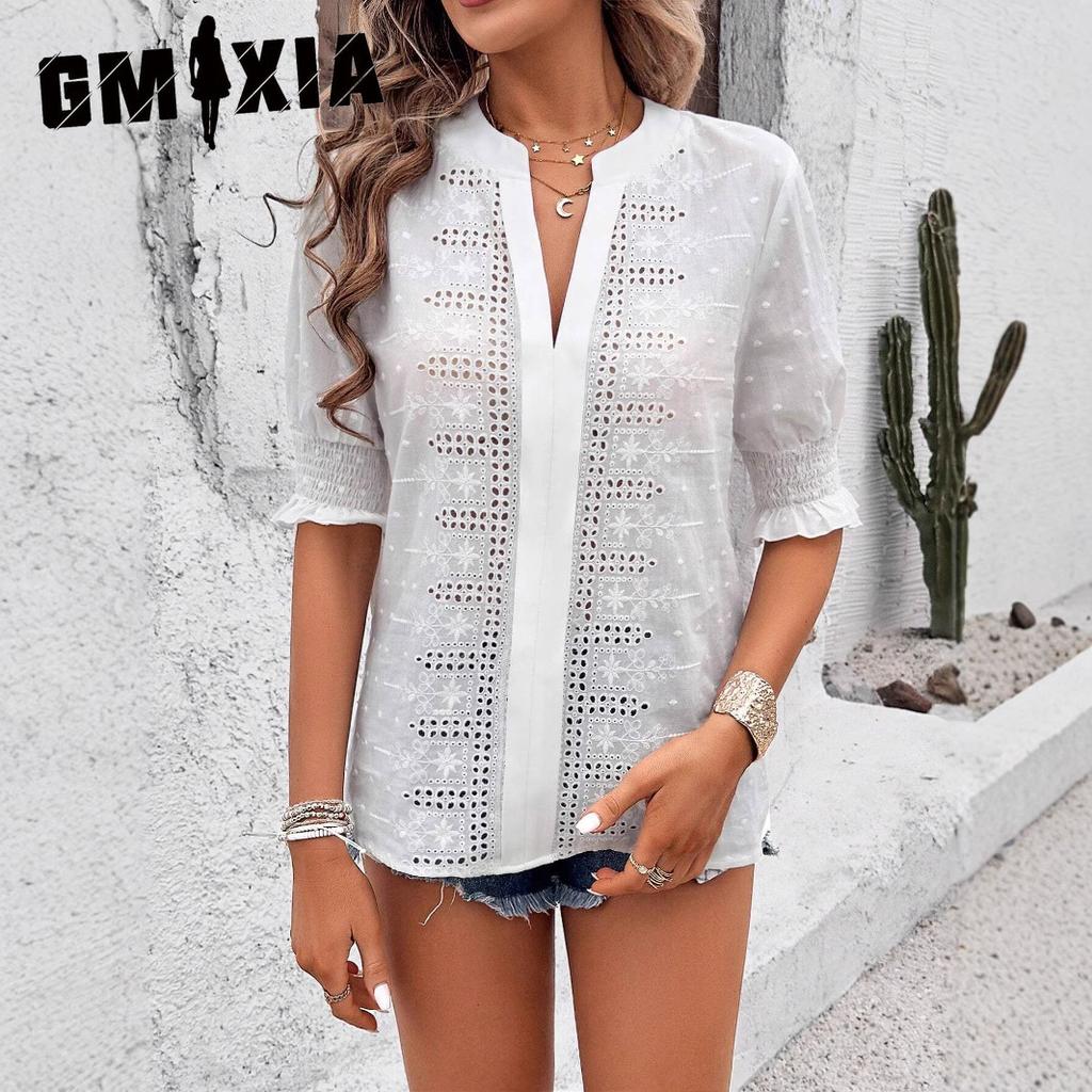 GMXIA Spring Summer V-neck Bubble Sleeve Hollow Sleeve Hairball Lace T-shirt Top Woman