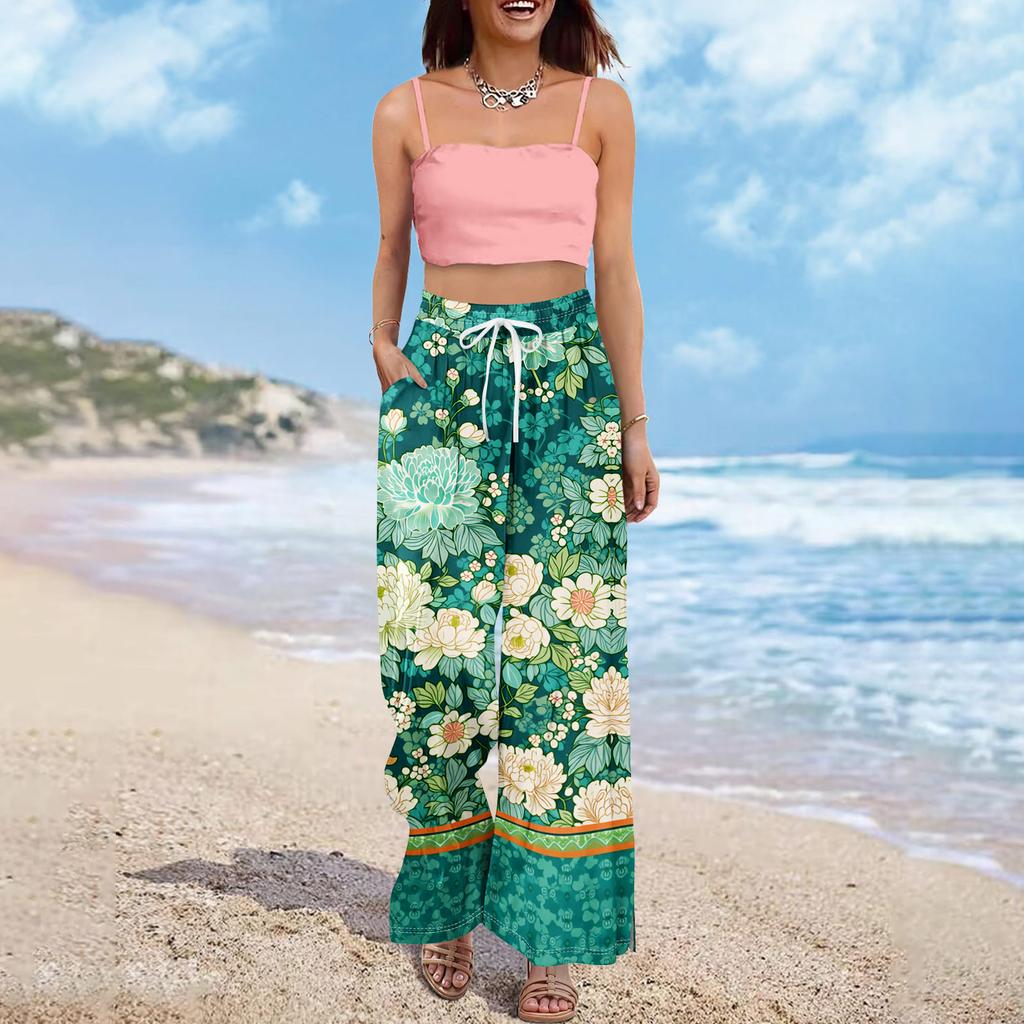 Женские летние брюки-палаццо в стиле бохо с высокой талией, широкие повседневные брюки с цветочным принтом и карманами