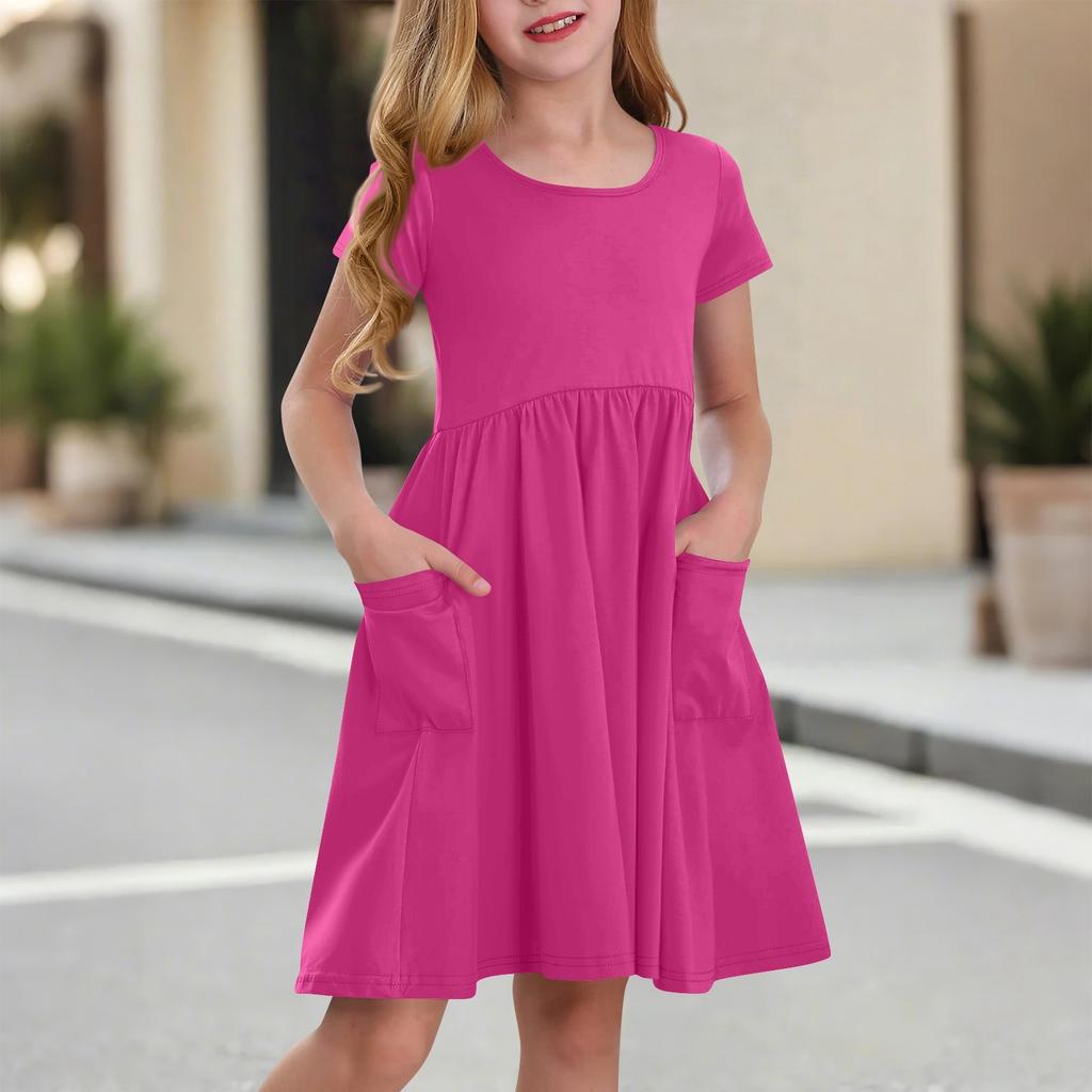 Children's Skirt Round Neck Short Sleeve Princess Dress Fashion Casual Pocket Dress For Girls