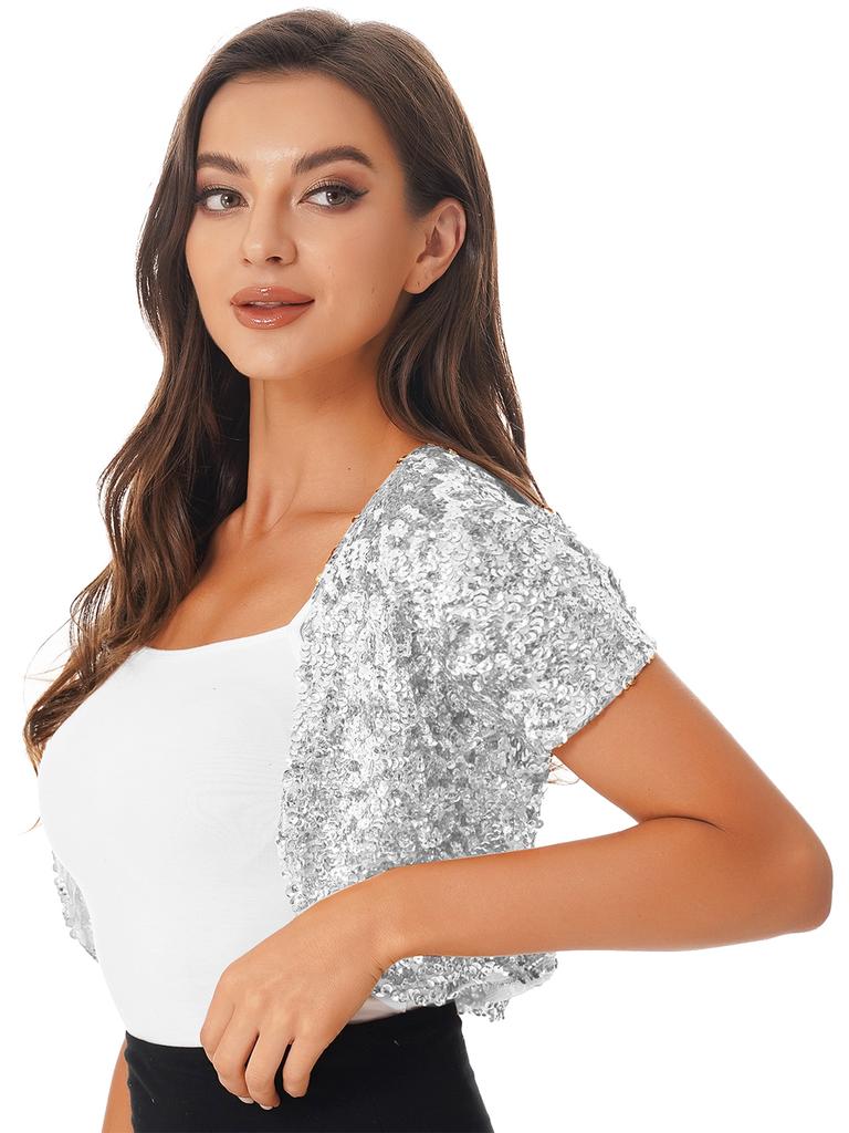 Womens Glitter Sequin Cropped Waistcoat Jacket Cardigan Coat Shiny Outwear Stage Performance Costume