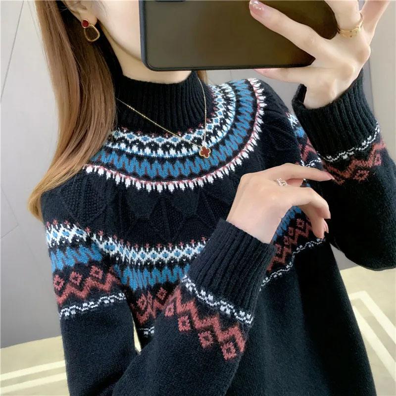 Свитер с высоким воротником, женский осенне-зимний комфорт и теплый принт внутри, повседневный универсальный эластичный пуловер, вязаный свитер, топы