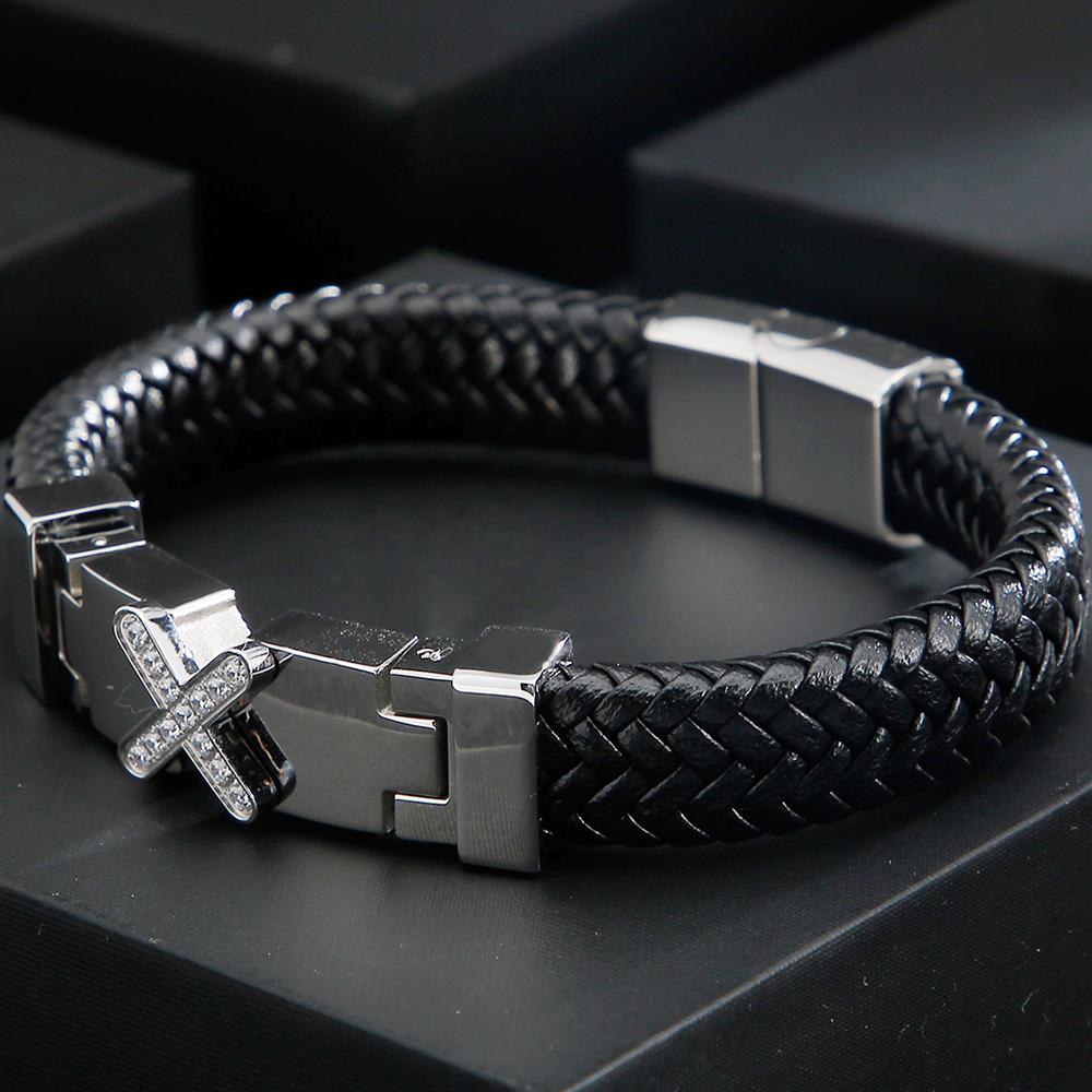 Wholesale Genuine Leather Man Bracelet Armband Heren with Magnet Clasp Button Elegant Bracelet for Men Logo Name Engraveable