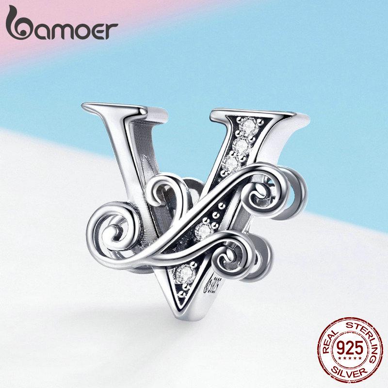 BAMOER Genuine 925 Sterling Silver Letter V Alphabet Beads Charms Fit Charm Bracelets & Bangles DIY