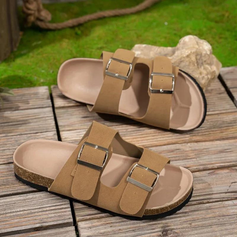 Женская обувь Бренд Peep Toe Женские тапочки Модные повседневные тапочки с пряжкой на ремне Женские летние тапочки больших размеров на плоской подошве